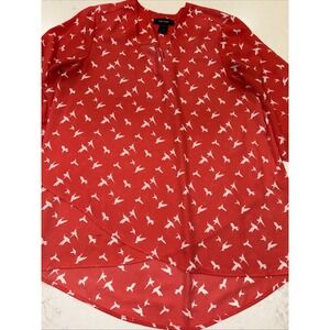 KAREN KANE Womens L Red Hummingbirds Bracelet Sleeve Asymmetric Top Blouse Flowy